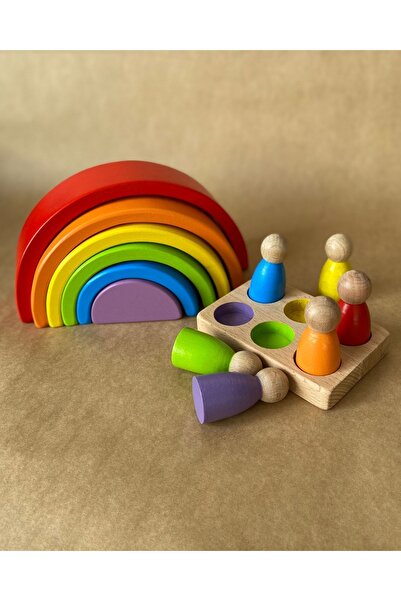 tiny wood Waldorf 6 Parçalı Gökkuşağı  6 Lı Peg Bebek Tabla Seti Pastel Renk ...