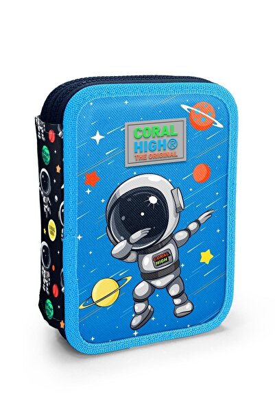 Coral High Navy Blue Astronaut Patterned Double Layer Pen Bag Pen Holder for Boys
