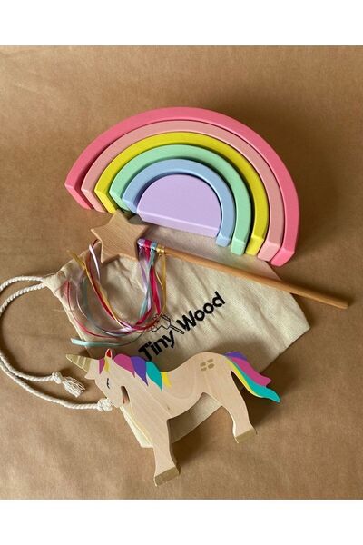 tiny wood Ahşap Waldorf Unicorn Gökkuşağı Değnek Oyuncak Seti Masal Oyuncakları