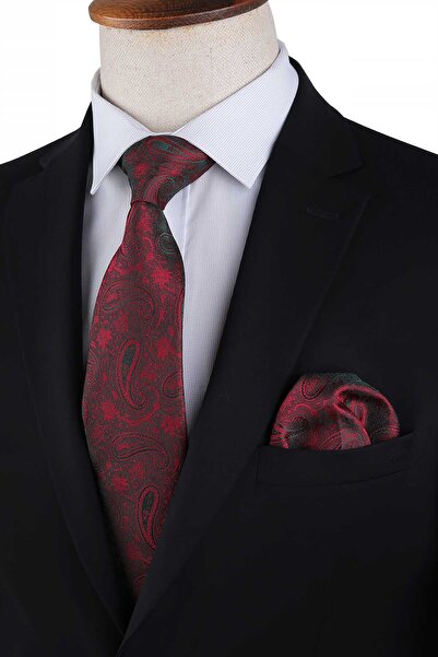 Kravatkolik Bordo Şal Desen Mendilli Klasik Kravat KK13124