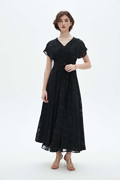 Nichii Embroidered Short Sleeve Long Dress with V-Neck
