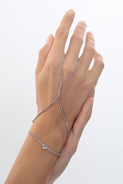 Bijuty طقم سوار وشاحميران نسائي من الحجر الوردي على شكل قلب - لون فضي - (مع ه...