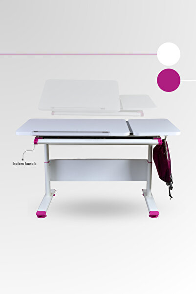 Creo Mobili Vega Basic Çekmeceli Çocuk Masası Eğim Verilebilir Çekmeceli Çalışma Masası - 130x70 Cm, Beyaz/Fuşya
