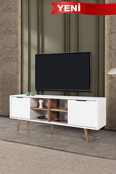 Evmo Home 3618 Sina 160 Cm ( AHŞAP AYAKLI , METAL KULPLU ) TV Ünitesi , Beyaz - Söğüt