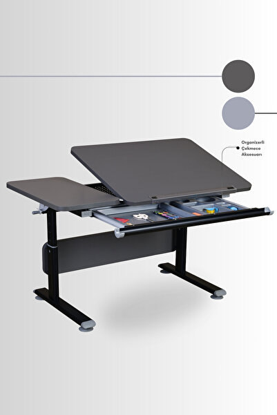 Creo Mobili Vega Basic Ev Ofis Kullanımı İçin Ayarlanabilir Çekmeceli Çalışma Masası - Antrasit/Gri - 130x70 Cm