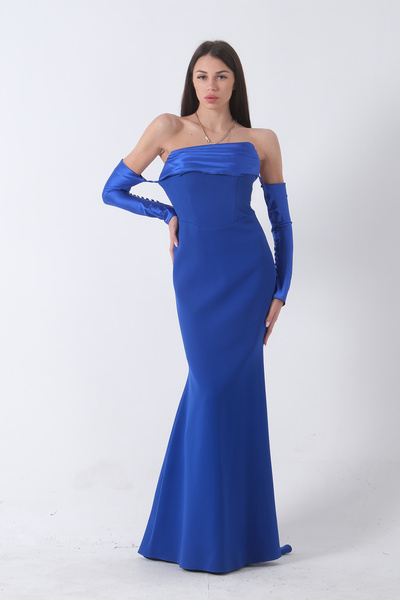 Feminist Drapeli Düğme Detaylı Uzun Abiye Saks 9705361