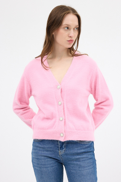 Rays 24170 Cardigan scurt cu detalii cu nasturi, roz