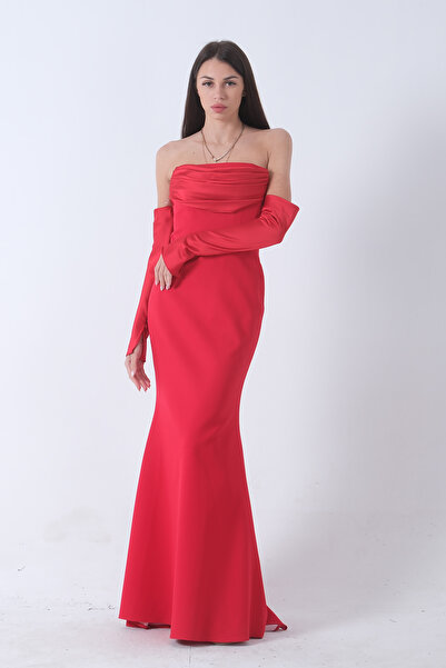 Feminist Drapeli Düğme Detaylı Uzun Abiye Kırmızı 9705361