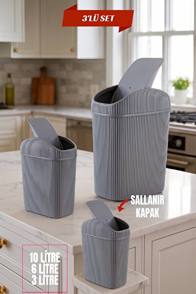 Open Home Concept 3-Pack Trash Can, Kitchen, Bathroom, Toilet, Office Trash Can Gray