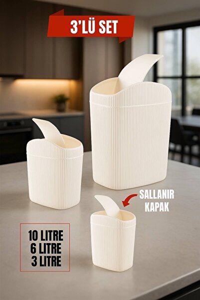 Open Home Concept 3'lü Çöp Kovası, Mutfak, Banyo, Tuvalet, Ofis Çöp Kutusu Krem