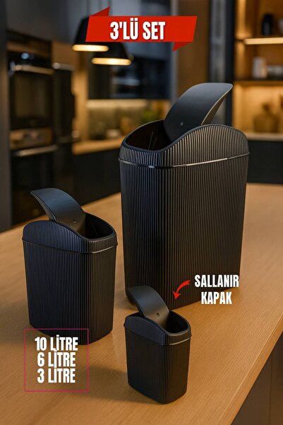 Open Home Concept 3'lü Çöp Kovası, Mutfak, Banyo, Tuvalet, Ofis Çöp Kutusu Siyah