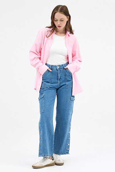 Rays Pantaloni cargo din denim pentru femei Ara Blue, cu nasturi, talie înalt...