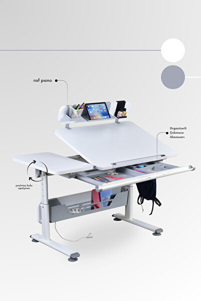 Creo Mobili Vega Standart Genç Odası Masası Yükseklik Ayarlı ve Çekmeceli Çalışma Masası - 130x70 Cm, Beyaz/Gri