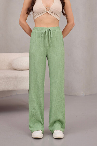 alanora Women's High Waist Wrinkle Detailed Seersucker Fabric Full Lycra Trousers