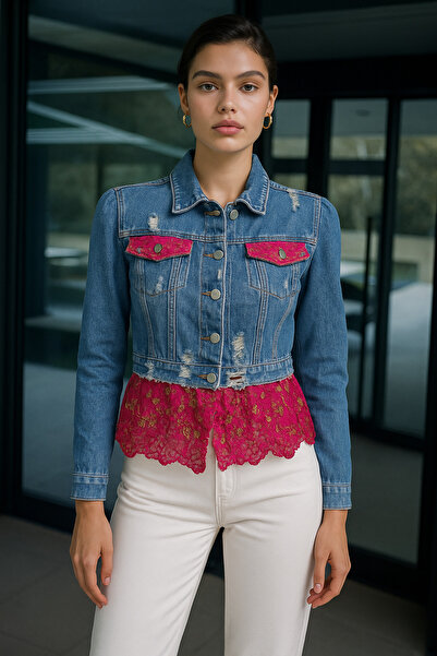 GZ Design Kadın Hint Esintili Eteği Pembe Kumaşlı Denim Ceket HEEPKDC