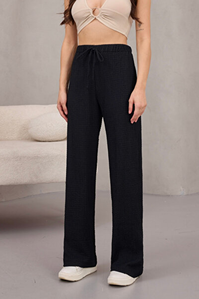 alanora Women's High Waist Wrinkle Detailed Seersucker Fabric Full Lycra Trousers