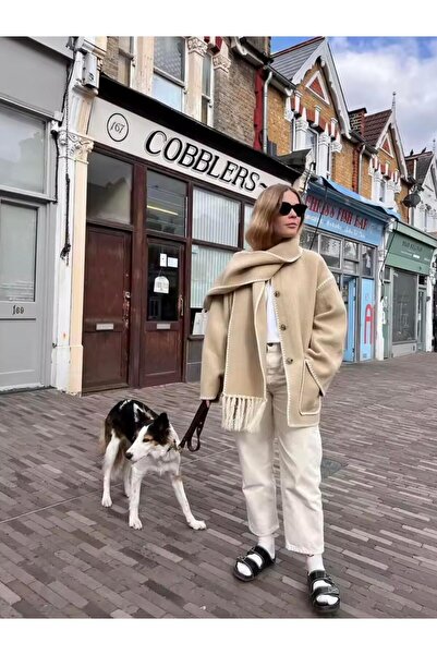 theanemos Beyaz Nakışlı Atkı Detaylı Bej İnce Kaban