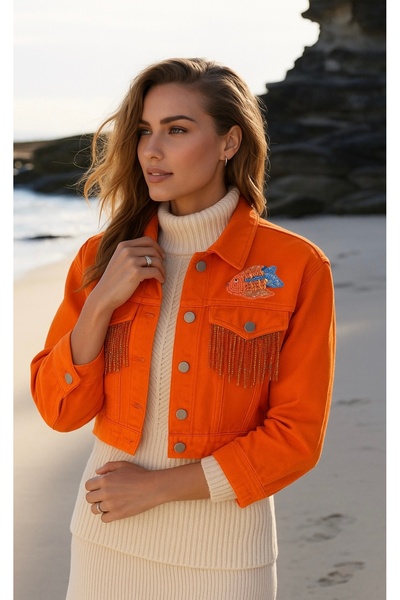 GZ Design Balık Işlemeli Boncuk Püskül Detaylı Turuncu Oversize Kısa Jean Ceket