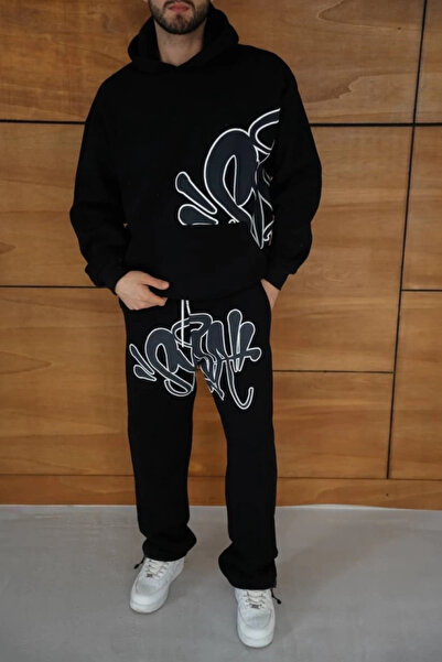 MODA Mdb Men's Hooded Tracksuit Set Graffiti Printed Oversized Comfortable Fit, Kangaroo Pocket, Treetwear Ta