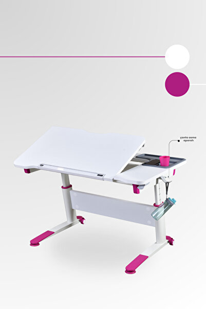 Creo Mobili Sirius Simple Kız Çocuk Çalışma Masası, Eğimli Yükseklik Ayarlı Ders Masası - 120x75 Cm, Beyaz/Fuşya