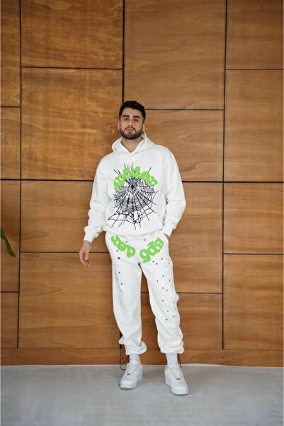 TBL DEKOR Mdb Men's Hooded Tracksuit Set Spider Web and Neon Green Printed Kangaroo Pockets Oversized Stay Comfortable