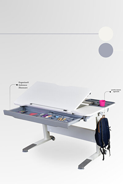 Creo Mobili Sirius Basic Öğrenci Masası Unisex Çekmeceli Çalışma Masası Ofis Masası - 120x75 Cm, Ekru/Gri
