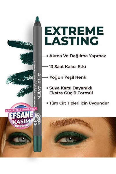Alix Avien Uzun Süre Kalıcı Suya Dayanıklı Akma, Dağılma Yapmayan Yeşil Göz Kalemi - Extreme Emerald Green