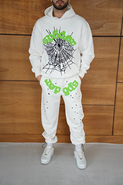 TBL DEKOR Mdb Men's Hooded Tracksuit Set Spider Web and Neon Green Printed Kangaroo Pockets Oversized Stay Comfortable