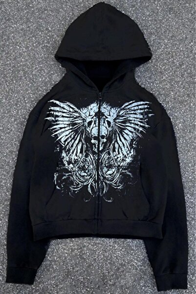 Köstebek Siyah Vintage Gothic Skull Yıkamalı Kumaş Kapüşonlu Sweatshirt