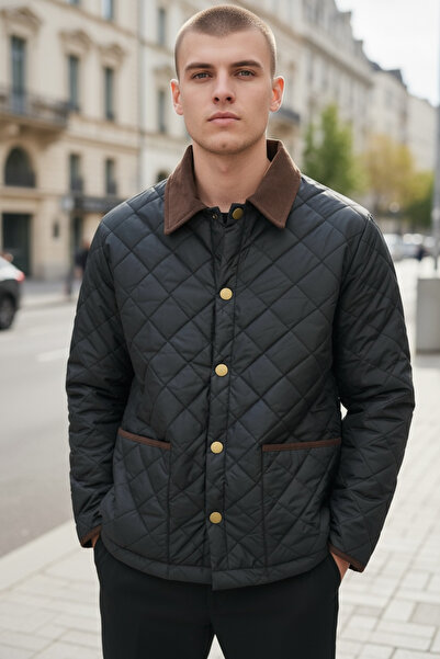 İLKCET MODA Μαύρο ανδρικό μπουφάν με λεπτομέρεια με λαιμόκοψη με σχέδιο μπακλαβά