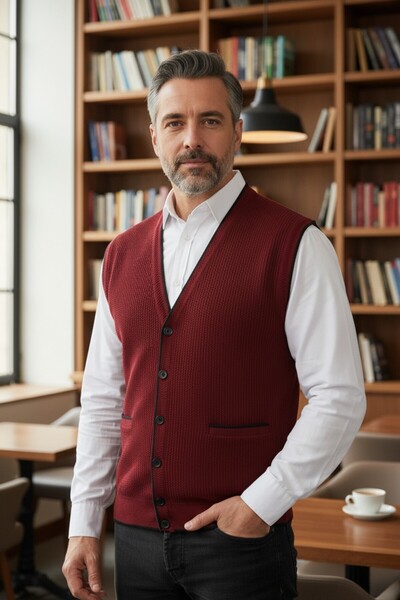 Kamalı Claret Red Men's V-Neck Knitwear Buttoned Pocket Line Patterned Regular Fit Non-Pilling Knitted Vest