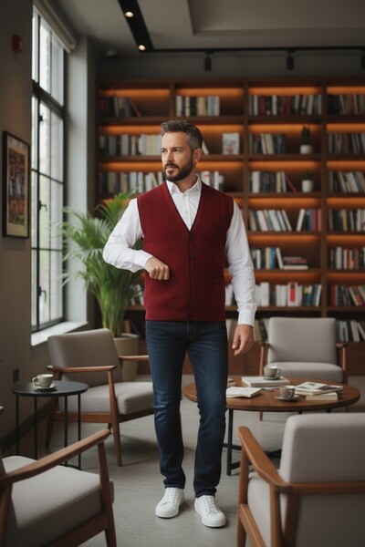 Kamalı Claret Red Men's V-Neck Knitwear Buttoned Pocket Line Patterned Regular Fit Non-Pilling Knitted Vest