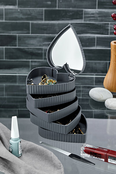 Poomy Gray Striped Patterned - Heart Mina 5-Layer Mirrored Jewelry Organizer