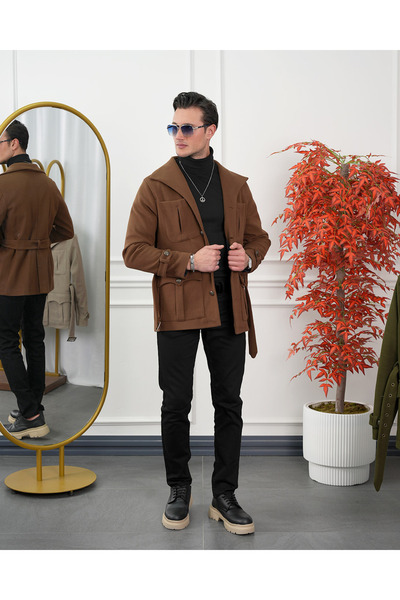 MODEFENDİ Erkek Kahverengi Torba Cep Kayık Yaka Kemer Detaylı Kuzu Kaşmir Kaban