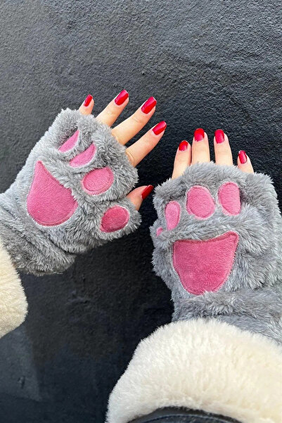 MARS BABY Fingerless Paw Grey Pink Plush Gloves