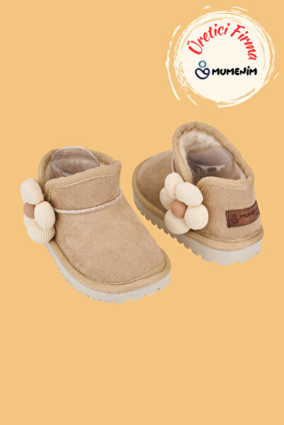 Mumenim Minto Kız Çocuk ve Bebek Bej Bot - Süet Ortopedik Kaymaz Taban Kışlık Kar Botu Kürklü Çiçek Figürlü