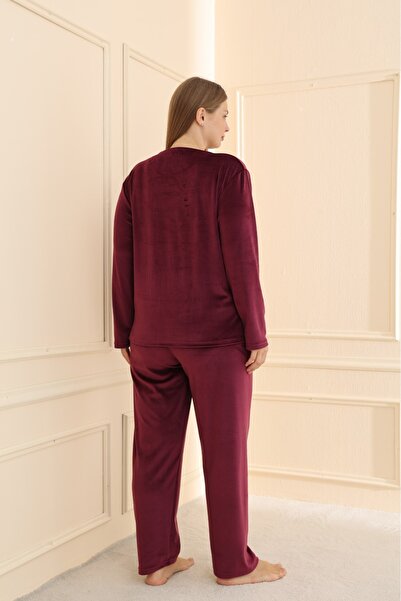 MEBA Kadın Kadife Yazı Baskılı Büyük Beden Pijama Takımı