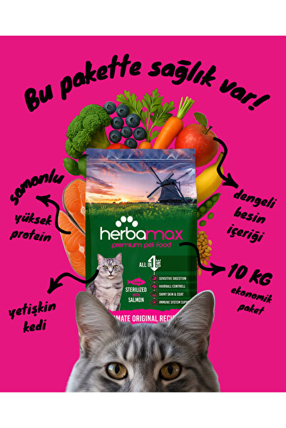 HerbaMax Kilo Dengeleyici Özellikte- Kısırlaştırılmış Somonlu Kedi Maması 10kg