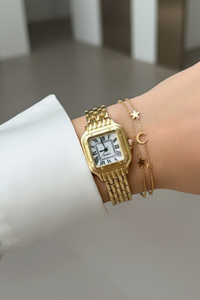 QUARTZ Kare Kadran Unisex Saat – Gold Çok Halkalı Kayış