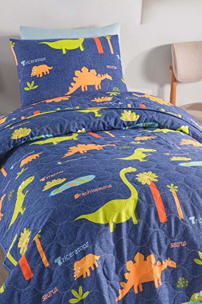 Eponj Home Kapitone Yatak Örtüsü Seti Tek Kişilik Dinolar Lacivert