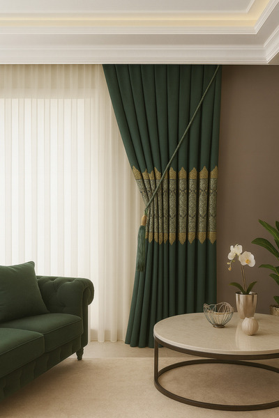 Emuz Pano Fon Perde Zümrüt Yeşili Damask Desenli Fon Perde 1 / 3 Sık Pile Pan...