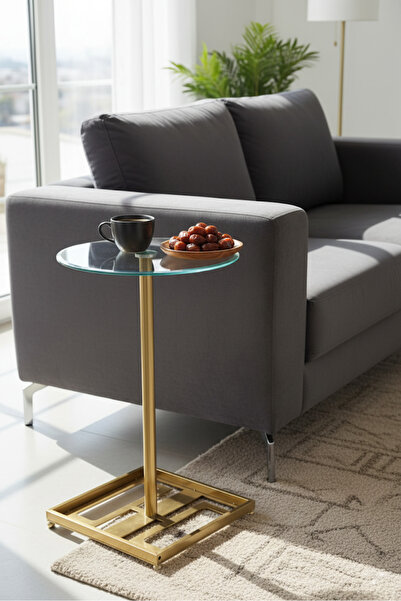 Areka Golden Service Table, Golden Iron Base, Transparent Glass Top
