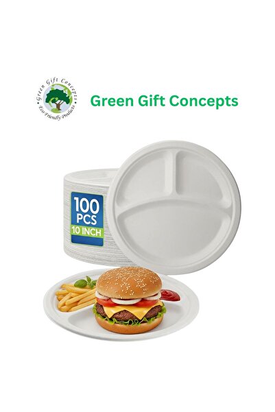 Green Gift Concepts ١٠٠ قطعة من أطباق الطعام القابلة للتحلل الحيوي/الصديقة للبيئة، مقاس ١٠ بوصات، والمكونة من ٣ أقسام - حل متين لتناول الطعام