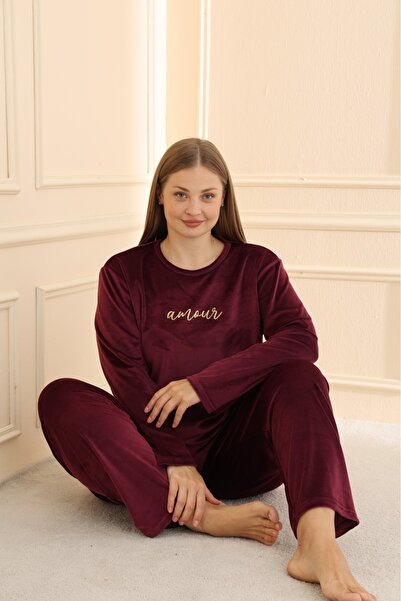 MEBA Kadın Kadife Yazı Baskılı Büyük Beden Pijama Takımı