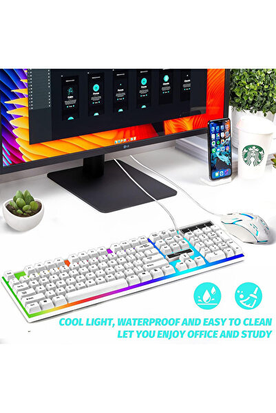 lnkoo لوحة مفاتيح سلكية USB ماوس ألعاب مرن متعدد الألوان أضواء LED كمبيوتر ميكانيكي إحساس خلفي