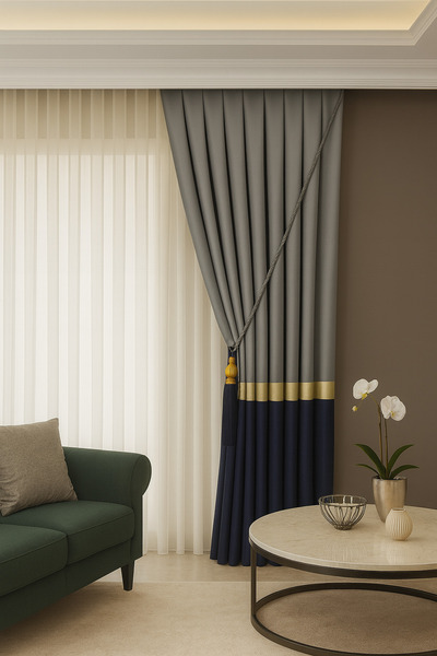 Emuz Pano Fon Perde, Premium Seri Liva Desen Lacivert Gold Gri 1 / 3 Pileli ( Tek Kanat )