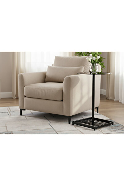 Areka طاولة خدمة سوداء، قاعدة من الحديد الأسود، سطح زجاجي أسود (طاولة خدمة فقط)