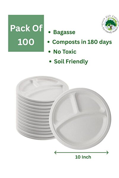 Green Gift Concepts ١٠٠ قطعة من أطباق الطعام القابلة للتحلل الحيوي/الصديقة للبيئة، مقاس ١٠ بوصات، والمكونة من ٣ أقسام - حل متين لتناول الطعام