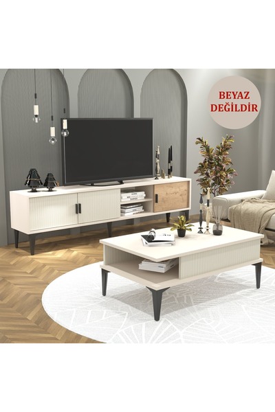 Cool Home Marin Tv Ünitesi 180 cm - Orta Sehpa Seti Çizgi desenli , Raflı , S...