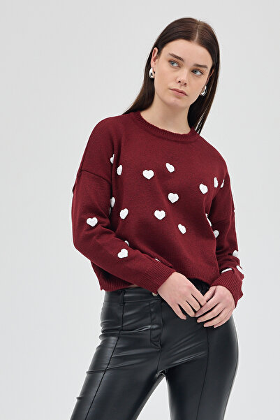 Rays Pulover crop guler rotund cu broderie inimă burgundy 2337